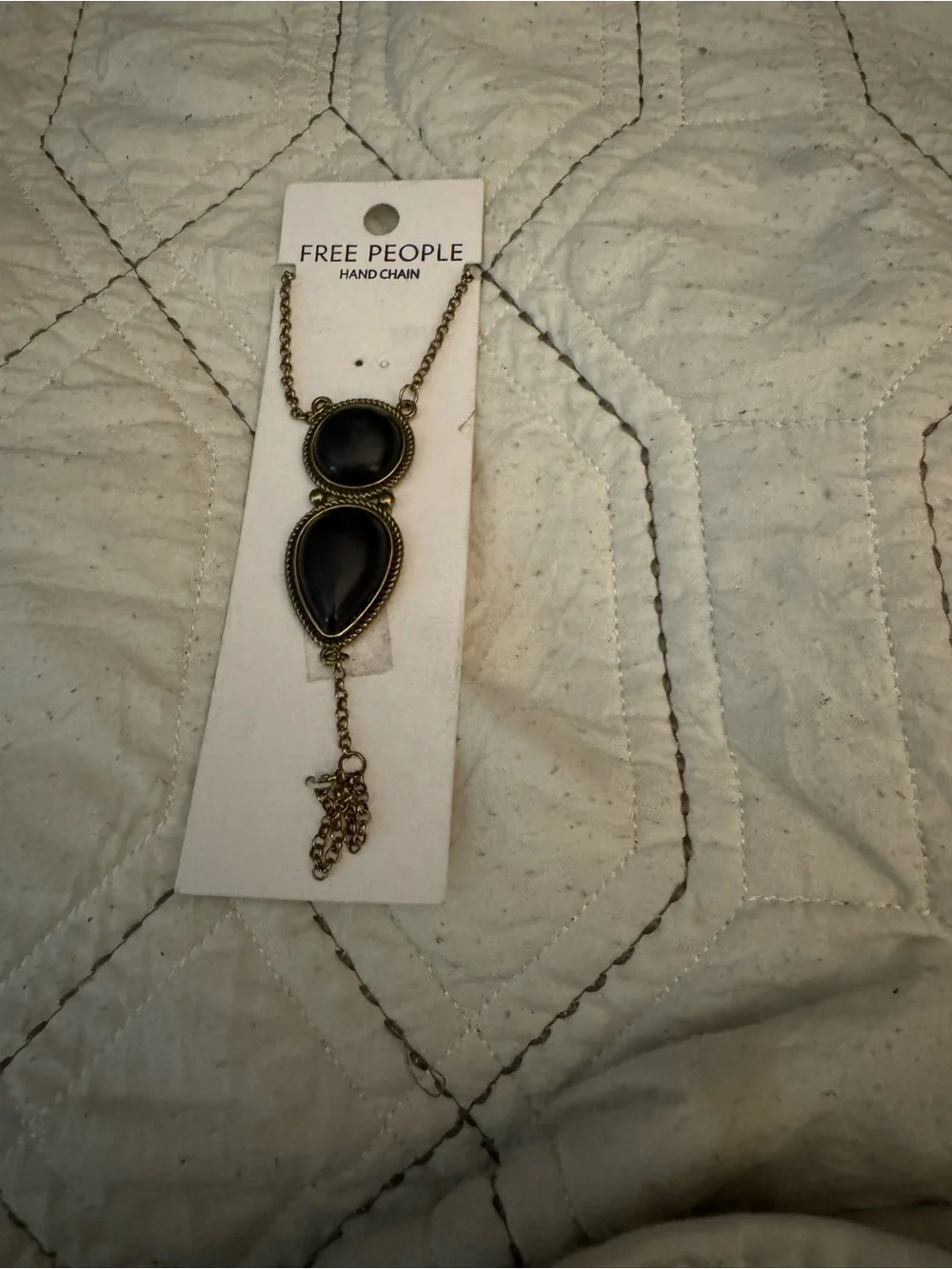 Free People Gold-Tone Hand Chain with Black Stones and Tassel